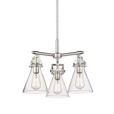 A large image of the Innovations Lighting 411-3CR-16-21 Newton Cone Pendant Polished Nickel / Clear