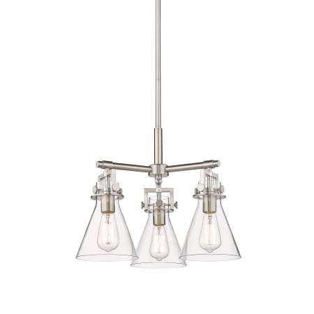 A large image of the Innovations Lighting 411-3CR-16-21 Newton Cone Pendant Satin Nickel / Clear