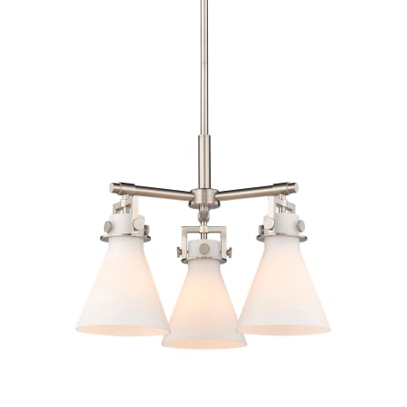 A large image of the Innovations Lighting 411-3CR-16-21 Newton Cone Pendant Satin Nickel / Matte White