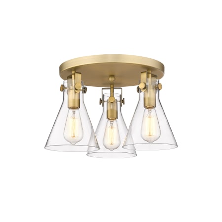 A large image of the Innovations Lighting 411-3F-11-20 Newton Cone Flush Brushed Brass / Clear