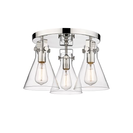 A large image of the Innovations Lighting 411-3F-11-20 Newton Cone Flush Polished Nickel / Clear