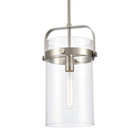 A large image of the Innovations Lighting 413-1SM-17-9 Pilaster Pendant Satin Nickel / Clear