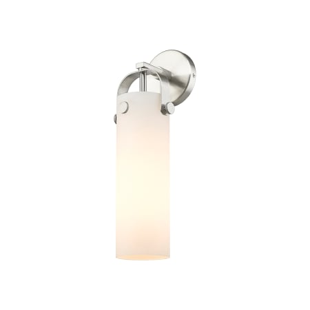 A large image of the Innovations Lighting 413-1W-5-5 Pilaster Sconce Satin Nickel / Matte White