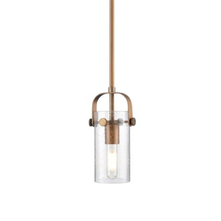 A large image of the Innovations Lighting 423-1S-10-5 Pilaster II Cylinder Pendant Brushed Brass / Seedy