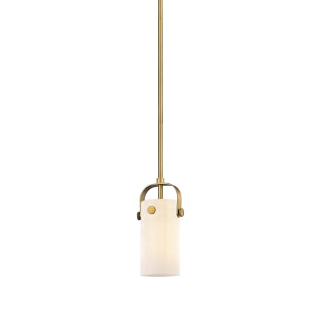 A large image of the Innovations Lighting 423-1S-10-5 Pilaster II Cylinder Pendant Brushed Brass / Matte White