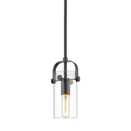 A large image of the Innovations Lighting 423-1S-10-5 Pilaster II Cylinder Pendant Matte Black / Clear