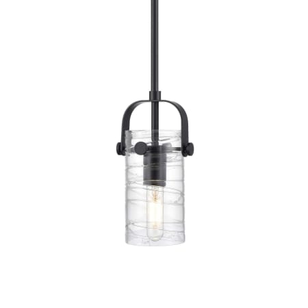 A large image of the Innovations Lighting 423-1S-10-5 Pilaster II Cylinder Pendant Matte Black / Deco Swirl