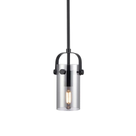 A large image of the Innovations Lighting 423-1S-10-5 Pilaster II Cylinder Pendant Matte Black / Plated Smoke