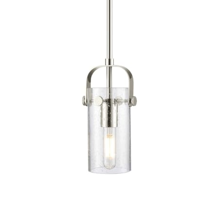 A large image of the Innovations Lighting 423-1S-10-5 Pilaster II Cylinder Pendant Polished Nickel / Seedy