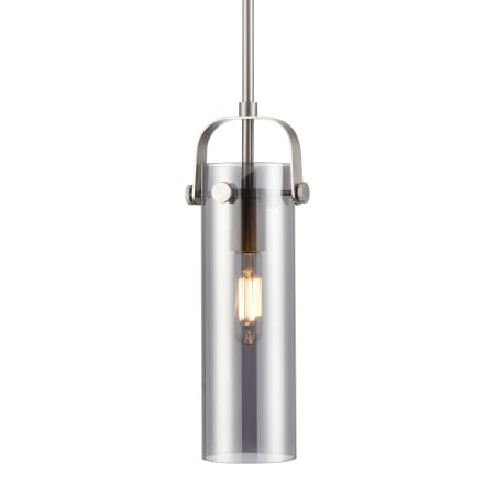 A large image of the Innovations Lighting 423-1S-15-5 Pilaster II Cylinder Pendant Satin Nickel / Plated Smoke