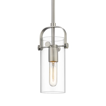 A large image of the Innovations Lighting 423-1S-10-5 Pilaster II Cylinder Pendant Satin Nickel / Clear