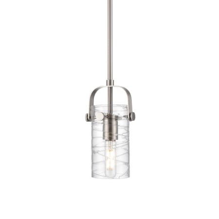 A large image of the Innovations Lighting 423-1S-10-5 Pilaster II Cylinder Pendant Satin Nickel / Deco Swirl