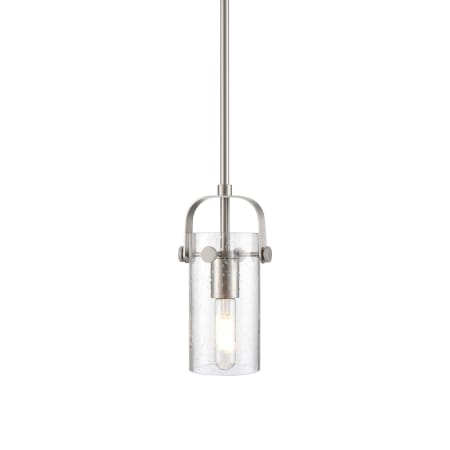 A large image of the Innovations Lighting 423-1S-10-5 Pilaster II Cylinder Pendant Satin Nickel / Seedy