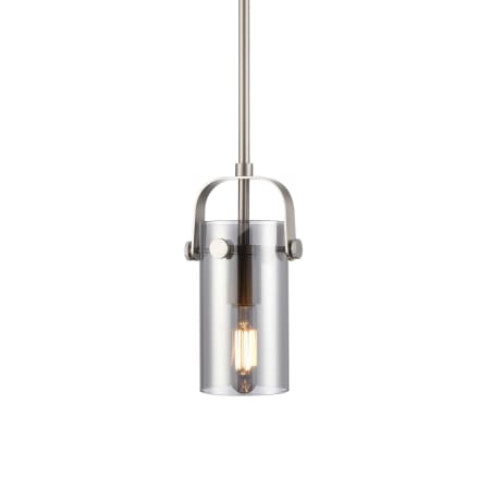 A large image of the Innovations Lighting 423-1S-10-5 Pilaster II Cylinder Pendant Satin Nickel / Plated Smoke