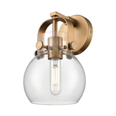 A large image of the Innovations Lighting 423-1W-10-7 Pilaster II Sphere Sconce Brushed Brass / Clear