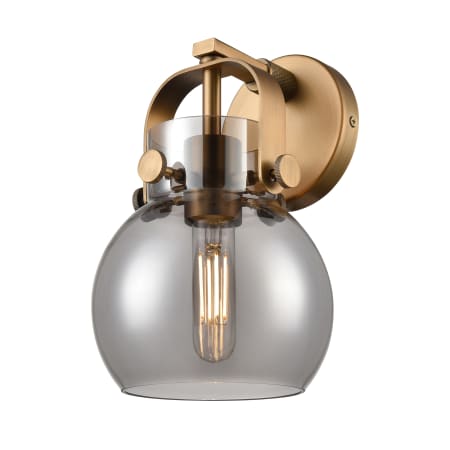 A large image of the Innovations Lighting 423-1W-10-7 Pilaster II Sphere Sconce Brushed Brass / Plated Smoke