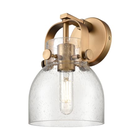 A large image of the Innovations Lighting 423-1W-10-7 Pilaster II Bell Sconce Brushed Brass / Seedy