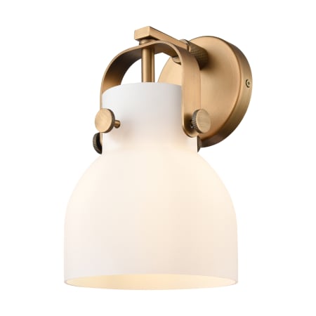 A large image of the Innovations Lighting 423-1W-5-7 Pilaster II Bell Sconce Brushed Brass / Matte White