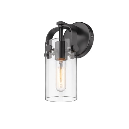 A large image of the Innovations Lighting 423-1W-11-5 Pilaster Sconce Matte Black / Clear