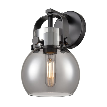 A large image of the Innovations Lighting 423-1W-10-7 Pilaster II Sphere Sconce Matte Black / Plated Smoke