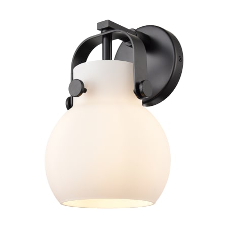 A large image of the Innovations Lighting 423-1W-5-7 Pilaster II Sphere Sconce Matte Black / Matte White