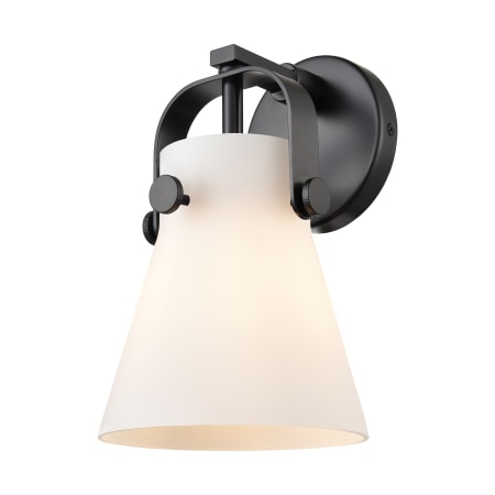 A large image of the Innovations Lighting 423-1W-5-7 Pilaster II Cone Sconce Matte Black / Matte White