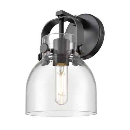A large image of the Innovations Lighting 423-1W-10-7 Pilaster II Bell Sconce Matte Black / Clear