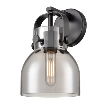 A large image of the Innovations Lighting 423-1W-10-7 Pilaster II Bell Sconce Matte Black / Plated Smoke