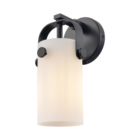 A large image of the Innovations Lighting 423-1W-5-5 Pilaster II Cylinder Sconce Matte Black / Matte White