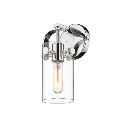 A large image of the Innovations Lighting 423-1W-11-5 Pilaster Sconce Polished Nickel / Clear