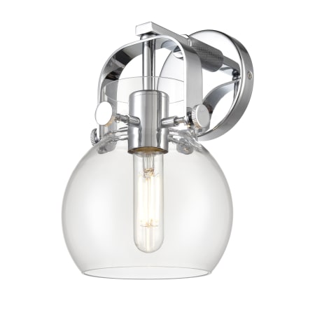 A large image of the Innovations Lighting 423-1W-10-7 Pilaster II Sphere Sconce Polished Chrome / Clear