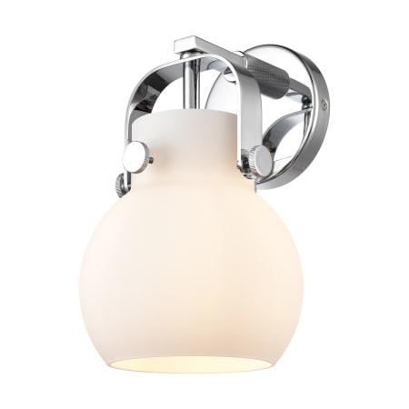 A large image of the Innovations Lighting 423-1W-5-7 Pilaster II Sphere Sconce Polished Chrome / Matte White