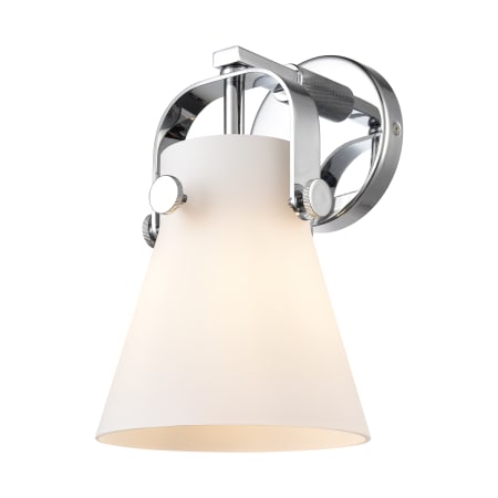 A large image of the Innovations Lighting 423-1W-10-7 Pilaster II Cone Sconce Polished Chrome / Matte White