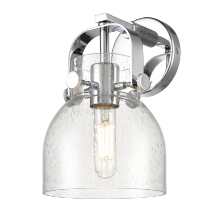 A large image of the Innovations Lighting 423-1W-10-7 Pilaster II Bell Sconce Polished Chrome / Seedy