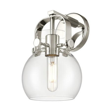 A large image of the Innovations Lighting 423-1W-5-7 Pilaster II Sphere Sconce Polished Nickel / Clear