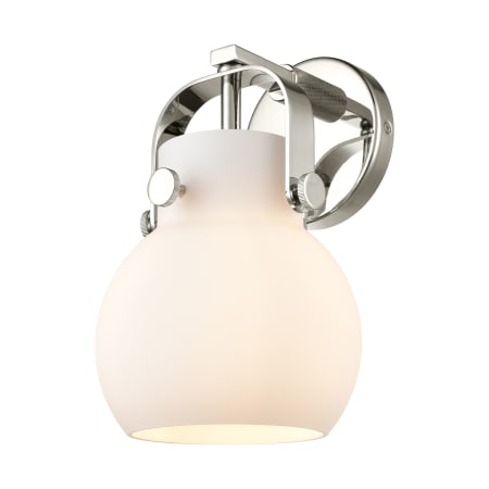 A large image of the Innovations Lighting 423-1W-5-7 Pilaster II Sphere Sconce Polished Nickel / Matte White