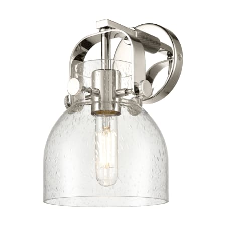 A large image of the Innovations Lighting 423-1W-5-7 Pilaster II Bell Sconce Polished Nickel / Seedy