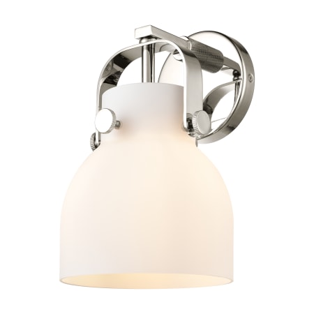 A large image of the Innovations Lighting 423-1W-10-7 Pilaster II Bell Sconce Polished Nickel / Matte White