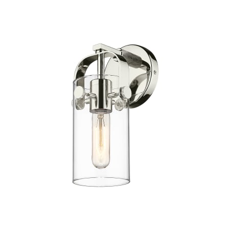 A large image of the Innovations Lighting 423-1W-5-5 Pilaster II Cylinder Sconce Polished Nickel / Clear