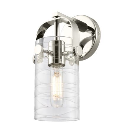 A large image of the Innovations Lighting 423-1W-5-5 Pilaster II Cylinder Sconce Polished Nickel / Deco Swirl