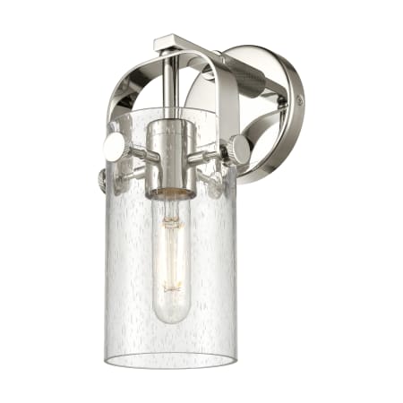 A large image of the Innovations Lighting 423-1W-5-5 Pilaster II Cylinder Sconce Polished Nickel / Seedy