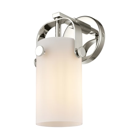 A large image of the Innovations Lighting 423-1W-5-5 Pilaster II Cylinder Sconce Polished Nickel / Matte White