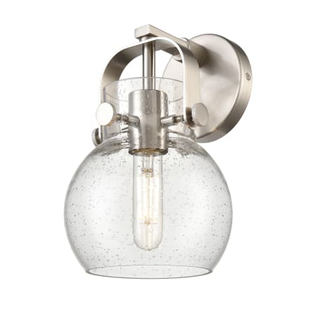 A large image of the Innovations Lighting 423-1W-10-7 Pilaster II Sphere Sconce Satin Nickel / Seedy