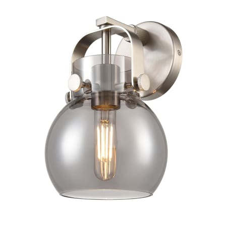 A large image of the Innovations Lighting 423-1W-10-7 Pilaster II Sphere Sconce Satin Nickel / Plated Smoke