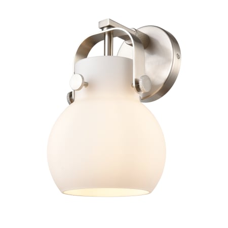 A large image of the Innovations Lighting 423-1W-10-7 Pilaster II Sphere Sconce Satin Nickel / Matte White