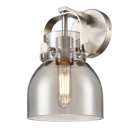 A large image of the Innovations Lighting 423-1W-10-7 Pilaster II Bell Sconce Satin Nickel / Plated Smoke