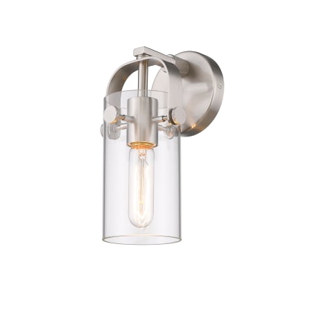 A large image of the Innovations Lighting 423-1W-11-5 Pilaster II Cylinder Sconce Satin Nickel / Clear