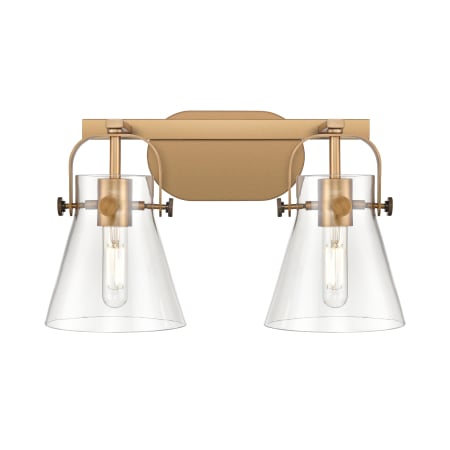 A large image of the Innovations Lighting 423-2W-10-17 Pilaster II Cone Vanity Brushed Brass / Clear