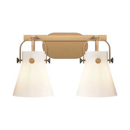 A large image of the Innovations Lighting 423-2W-10-17 Pilaster II Cone Vanity Brushed Brass / Matte White