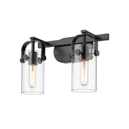 A large image of the Innovations Lighting 423-2W-11-15 Pilaster Vanity Matte Black / Clear